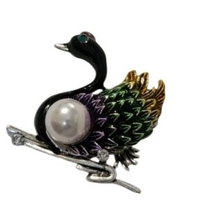 Black swan brooch beautiful simulated pearl multicolor